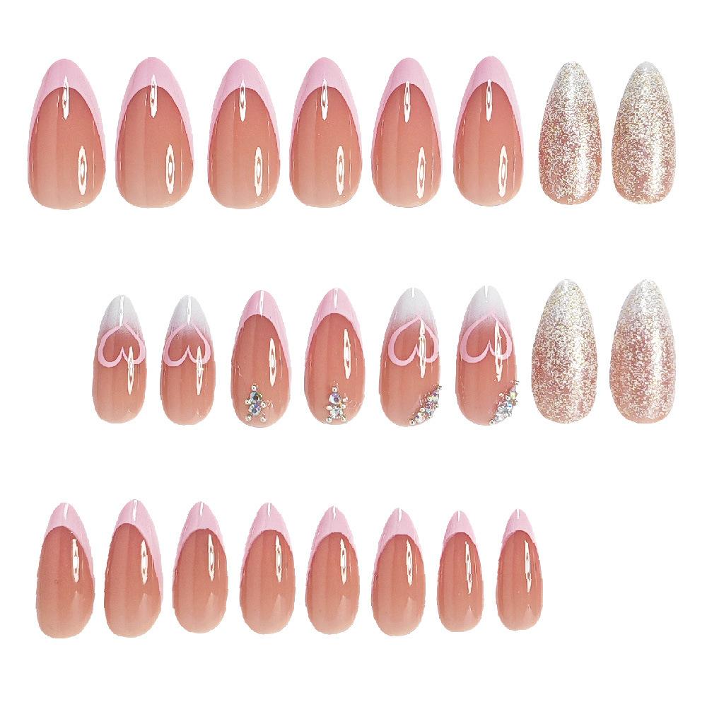 Pink French love 3D rhinestone silver bead design pressonnails nail piece glitter wear armor