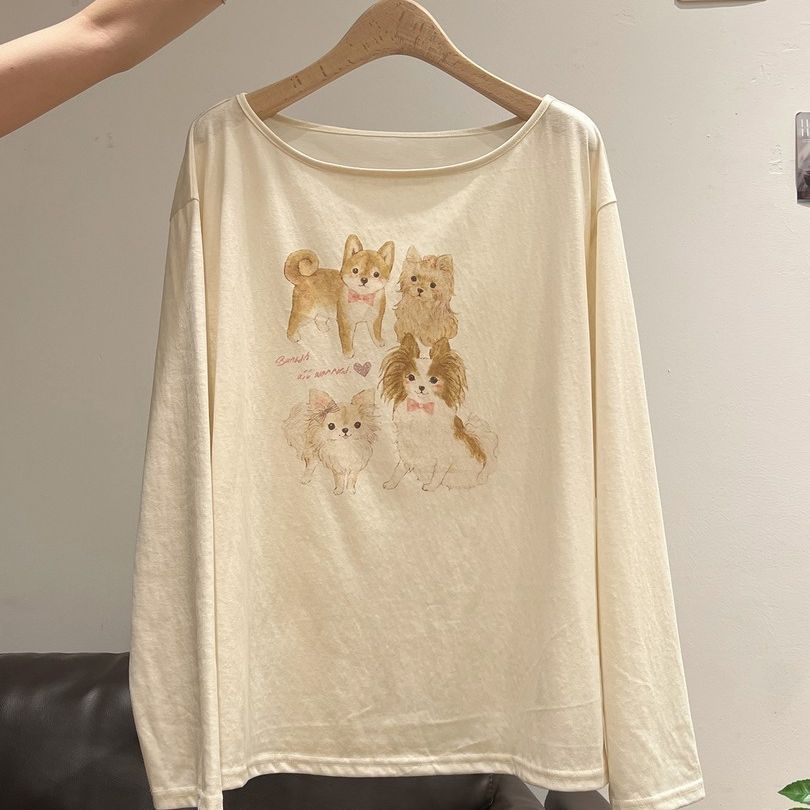 Korean Style Apricot Sweet Dog Print Thin Long Sleeve T Shirt For Women