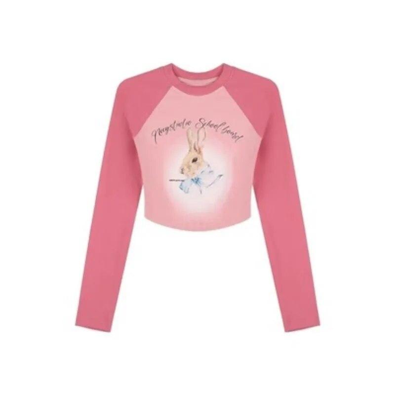 

Kawaii розовый кролик с принтом, укороченные футболки, женские Harajuku, милые топы с графическим рисунком, уличная одежда, винтажные сексуальные футболки с длинными рукавами M розовый