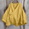 Womens Fashionable Solid Color V-neck Long Sleeved Lace Cotton And Linen Loose Shirt Top