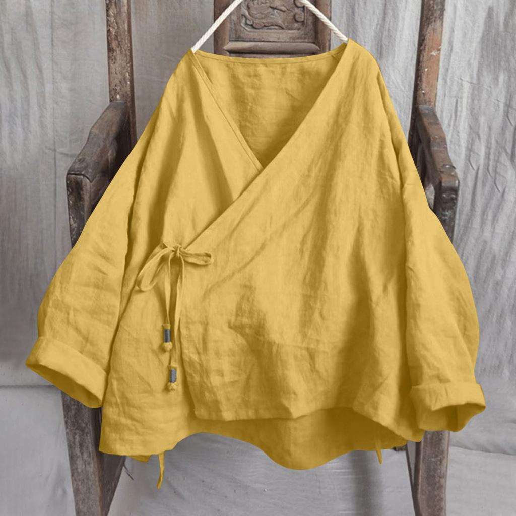 Womens Fashionable Solid Color V-neck Long Sleeved Lace Cotton And Linen Loose Shirt Top