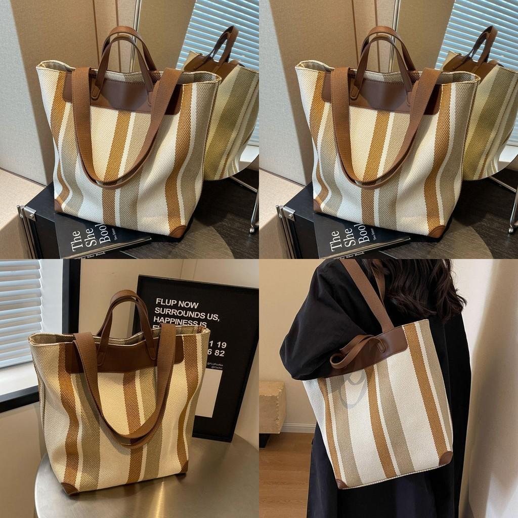 Large Capacity Unisex Striped Canvas Tote Bag For Summer Travel And Daily Use