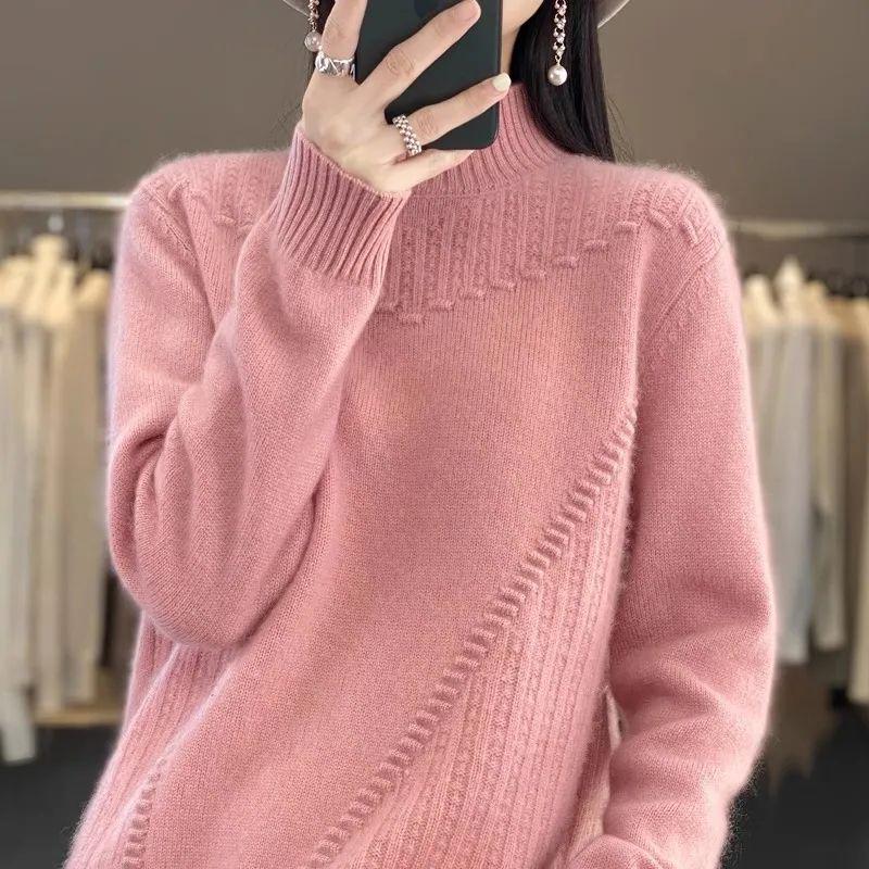 

Женский свитер с полувысоким воротом, плотный, однотонный, повседневный, свободный и утягивающий, вязаный свитер L розовый