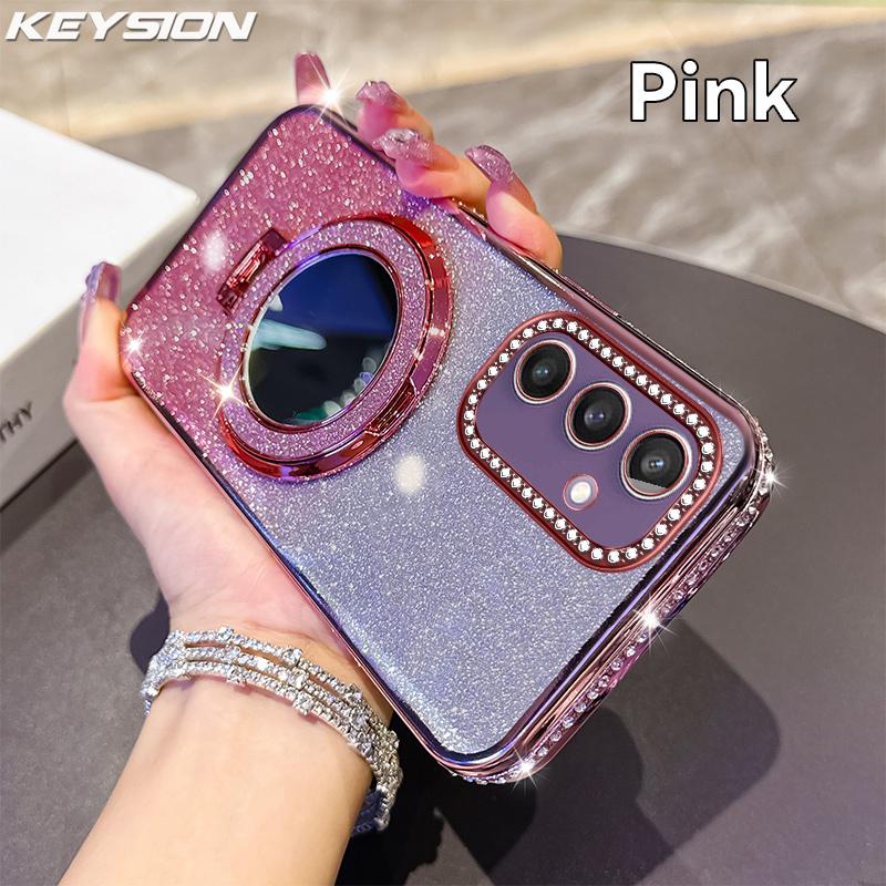 

KEYSION Glitter Jewelled Magnetic Phone Case for Samsung Galaxy S25 Ultra 5G S24+ Plus S23 FE Makeup Mirror Stand Shockproof Cover for Galaxy S23 FE розовый