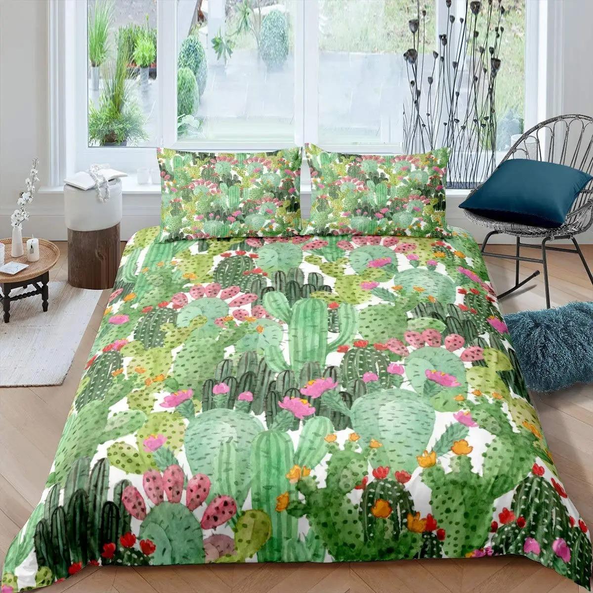 

Комплект постельного белья с тропическим ботаническим рисунком, наброском луковичного кактуса, рисунком, пододеяльником, милыми пустынными растениями, пододеяльником с цветочным узором EU Single 135x200cm
