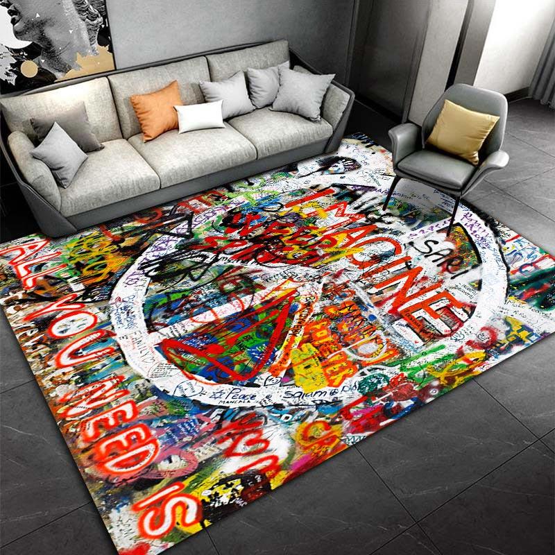 Colorful Graffiti Art Carpet with Text "Imagine" and Bold Design Suitable for use as an anti-slip for living room bedroom sofas