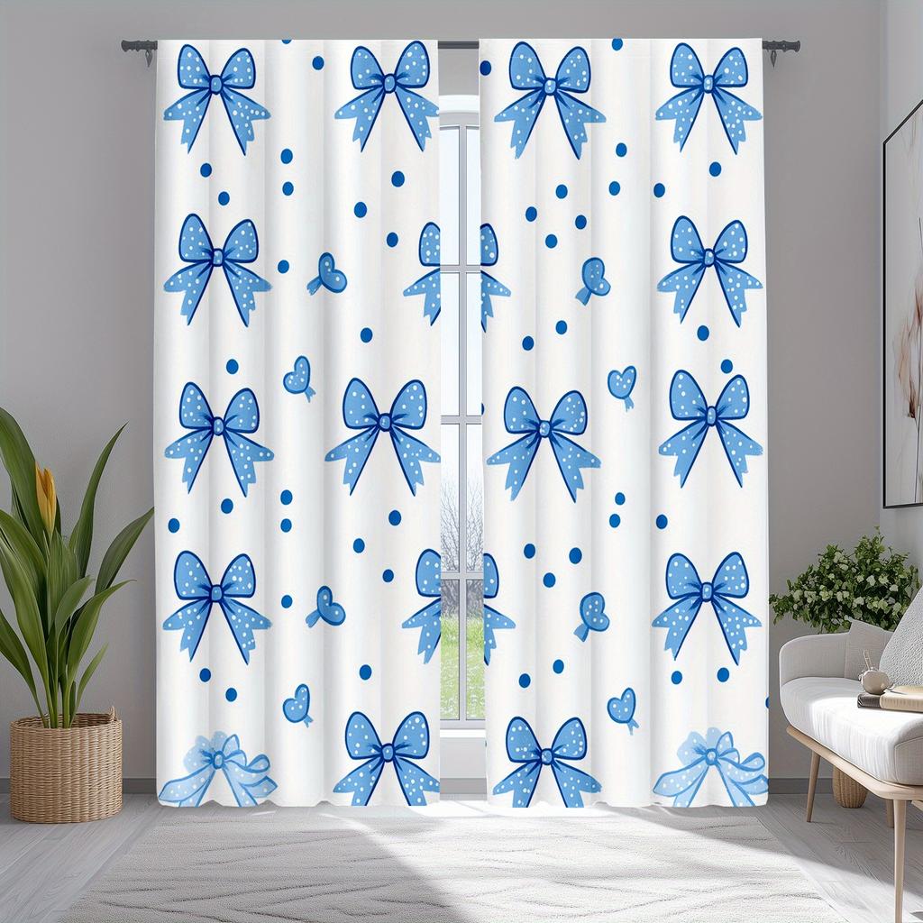 Chic Bow Geometric Print Curtains Polyester Fabric Suitable Bedroom Living Room Decoration Curtain Set Of 2 Made Washable Area Ready
