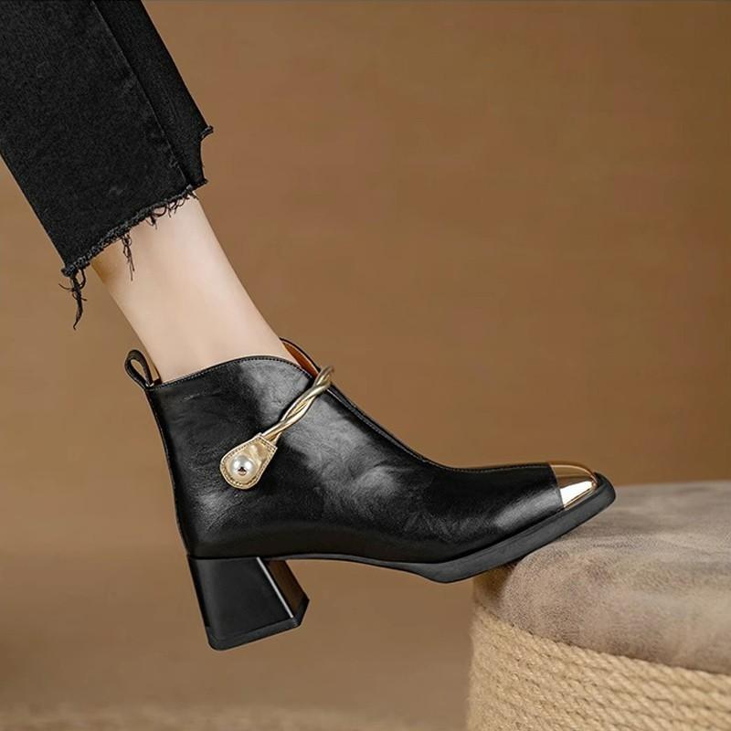 Fashion Block Heel Single Boots Autumn New Metal Pointed Toe Pearl Buckle Side Zip Non-Slip Naked Boots