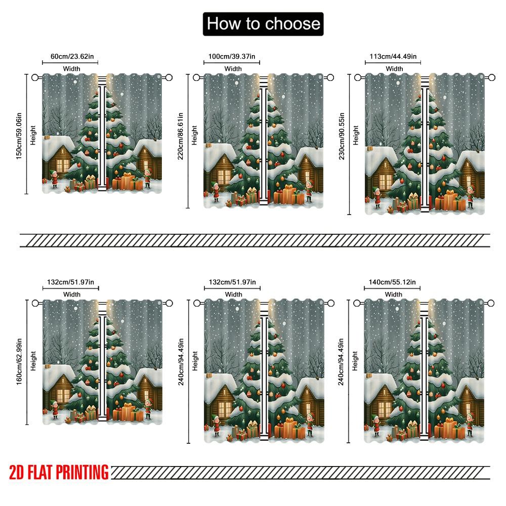 2pcs,2D Plane Printing Curtains Digital Printed Christmas Tree Snow Gifts_b Versatile Polyester Fabric (without Rod) All Seasons