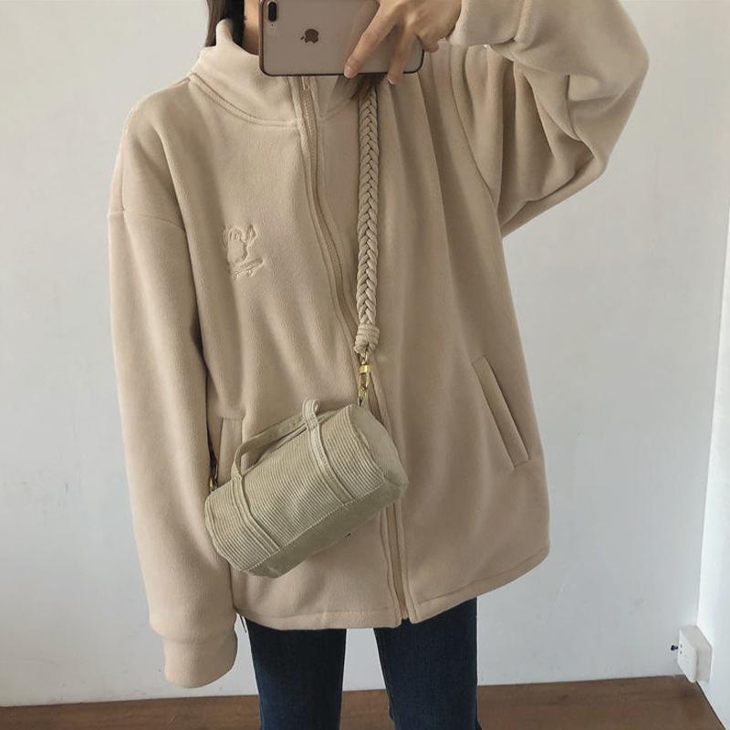 Damen-Sweatshirt, einfarbig, dick, lässig, Rollkragenpullover, modisch, Reißverschluss, Strickjacke, warme Jacke