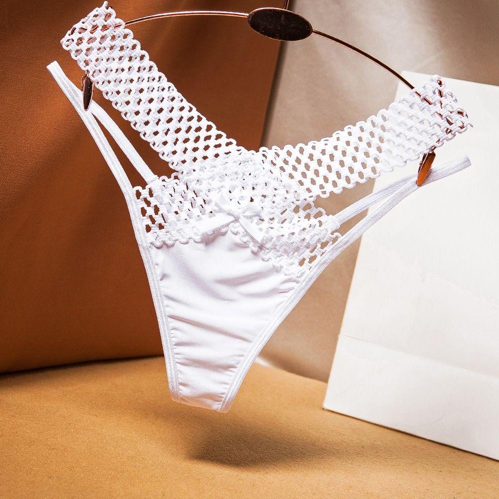 Low Waist Hollow Out Thongs Bowknot Women Mesh Briefs Comfortable Satin Silk Panties  Daily