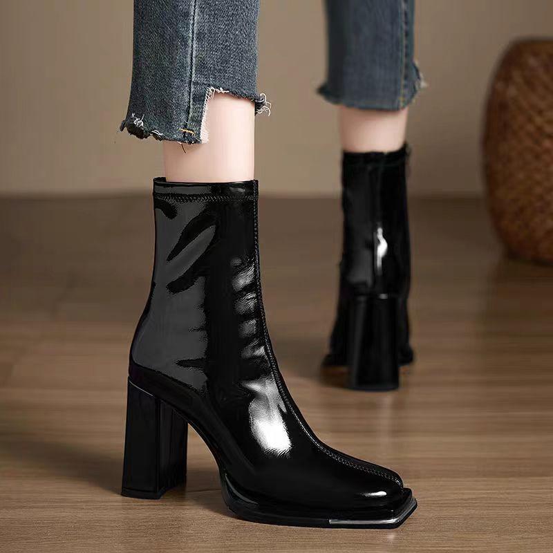 Fashion 2025 New Autumn and Winter High Heel Short Boots for Women Lacquer Leather Coarse Heel Single High End Thin Thin and Short Boots