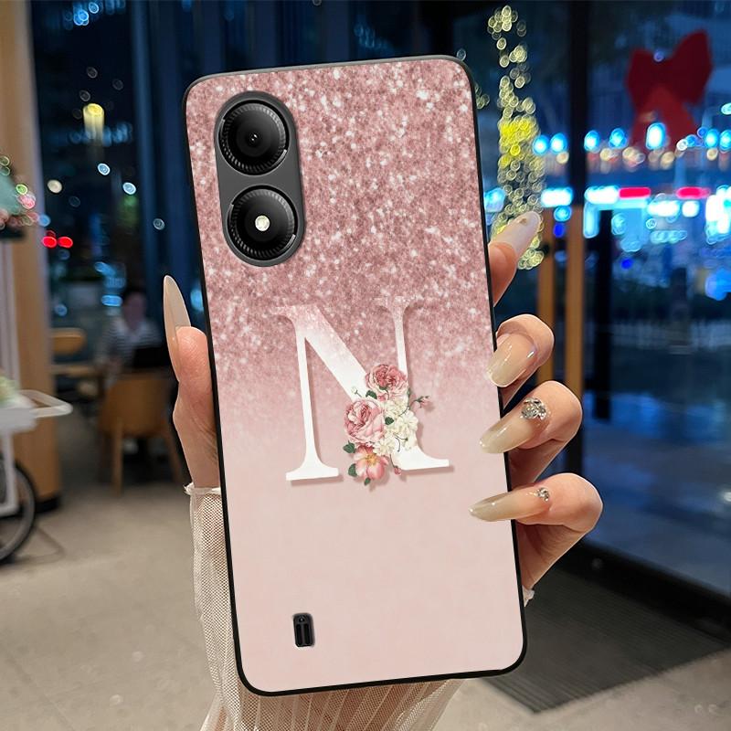 Exclusive Initial Letter With Flower Phone Case For ZTE Blade A33s Soft Silicone Black Case ZTE Blade A33s Anti-scratch Casing
