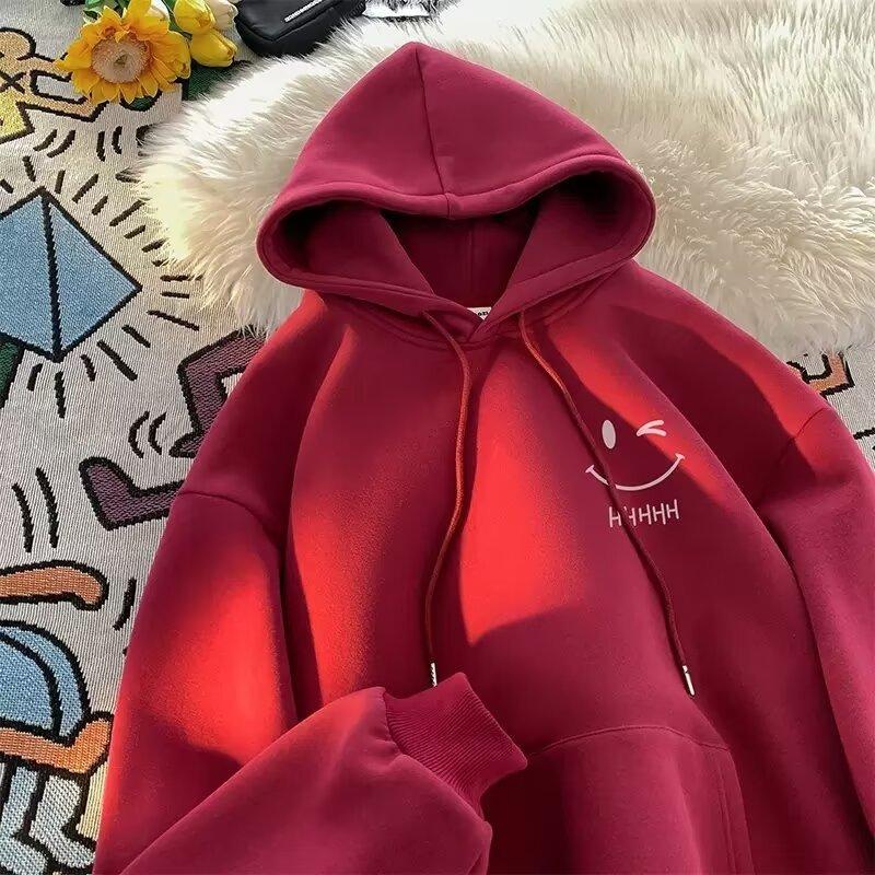 Women's Smiling Face Funny Fashion Couple Hooded Sweater American Heavyweight Loose Thickened Cashmere mens' Hoodie Pullover Top