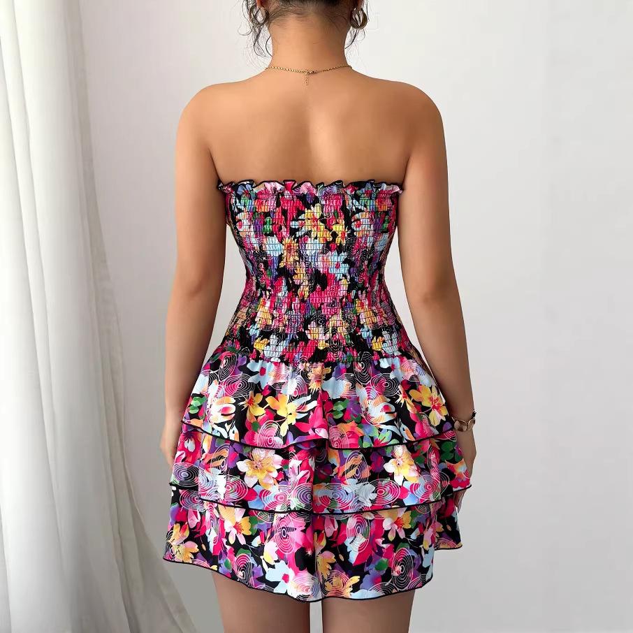 Beach Vacation Style Colorful Print Elastic Strap Short Skirt Flounce Dress Cake Dress One Shoulder Sleeveless Summer