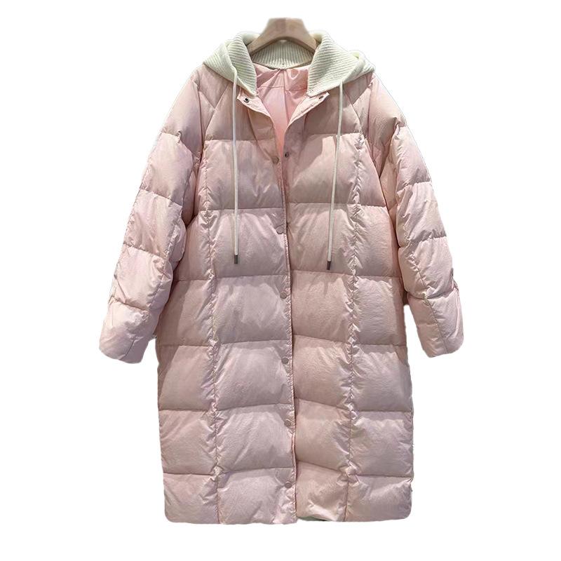 Knitted hooded down jacket women's long 2024 winter new fashion thickened loose warm sweet knee jacket