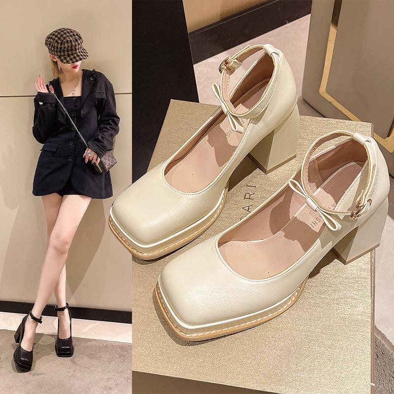 Französische Retro Mary Jane Schuhe Damen neue Frühling und Herbst eckige Zehen kleine Lederschuhe leichter Ausschnitt Feenstil dicke Absätze Schuhe