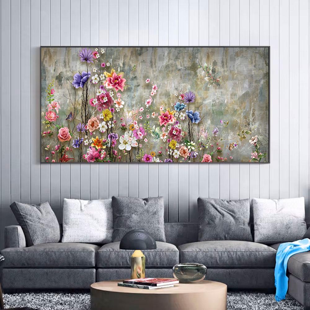 Abstrakte Orange Lila Blumen Leinwandmalerei Poster und Drucke Grüne Blätter Wandkunst Bilder für Modernes Wohnzimmer Cuadros Decor