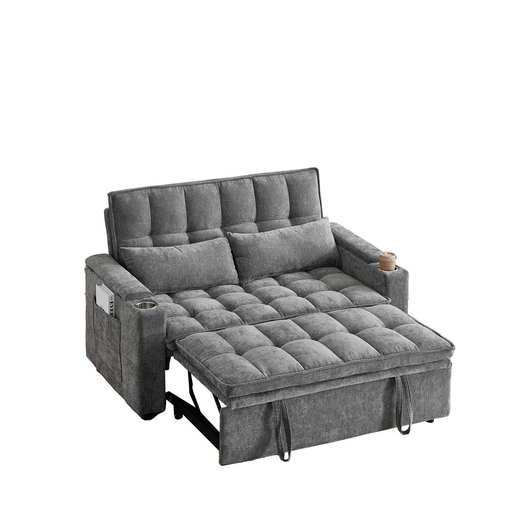 Um sofá-cama 3 em 1 com 142 cm de largura, função de reclinação, almofadas de assento e encosto macias como nuvens, duas almofadas lombares, arrumação, porta-copos