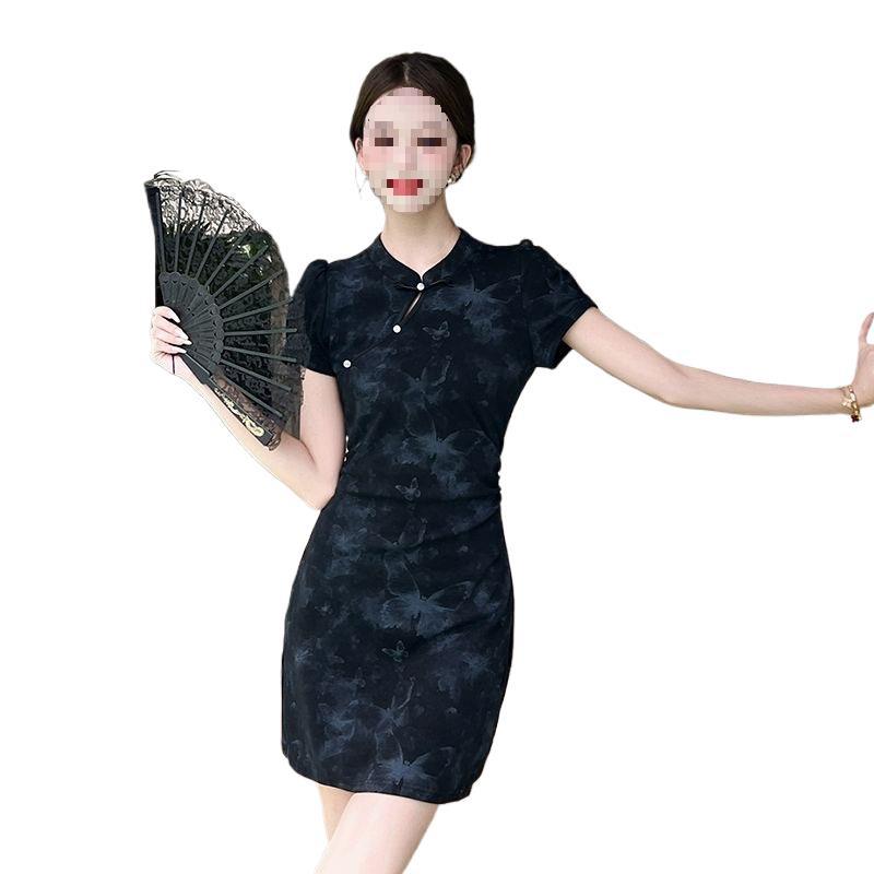 Retro style disc buckle butterfly improved cheongsam dress feminine temperament slim waist hip skirt South East Asia
