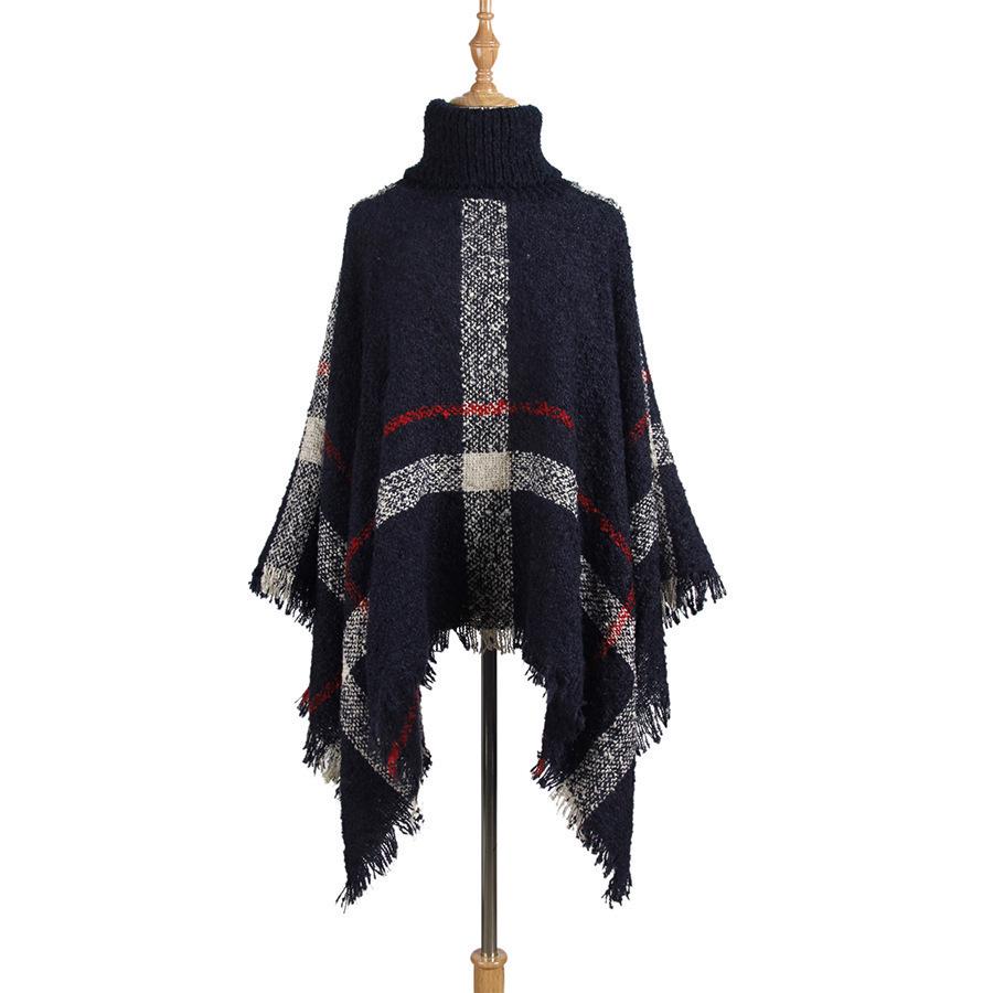 European & American Style Autumn/Winter Plaid Faux Cashmere High Collar Pullover Shawl 2025