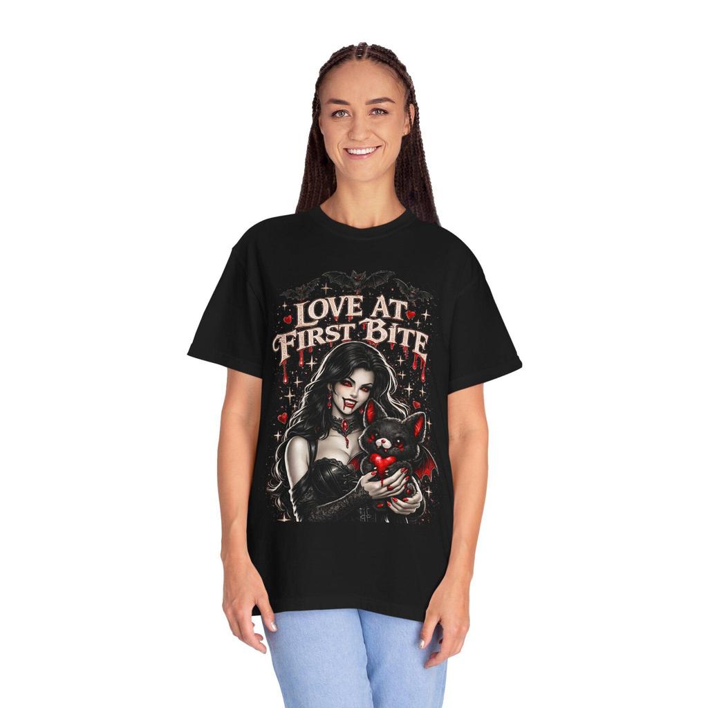 Love At First Bite Shirt, Cute Goth Vampire Tee, Spooky Valentine Bat Shirt, Gothic Romance Gift for Her,Unisex Garment-Dyed T-shirt