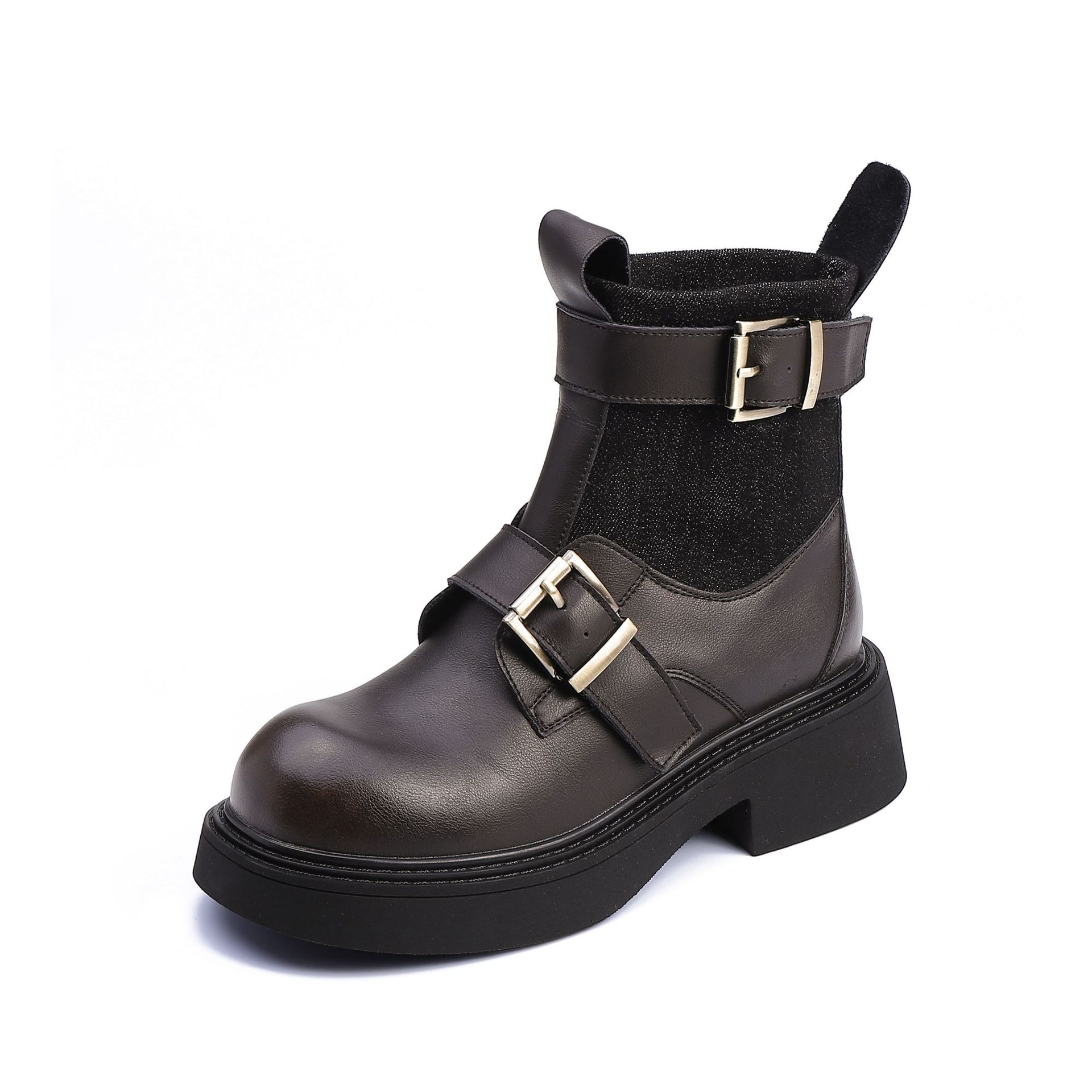 

British style retro Martin boots belt buckle Korean version of short boots Internet celebrity tide thick sole heightening boots niche fashion boots 35