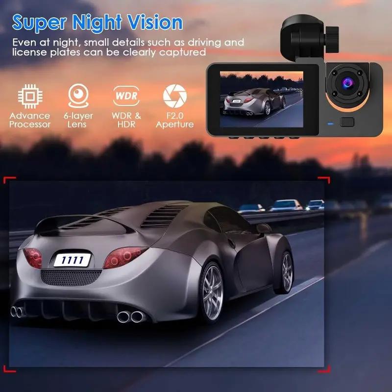 DVR para automóvil HD 1080P con 3 lentes para tablero de instrumentos, cámara de tres vías, grabadora de video, videocámara para tablero de instrumentos, pantalla IPS de 2.0 pulgadas y cámara trasera