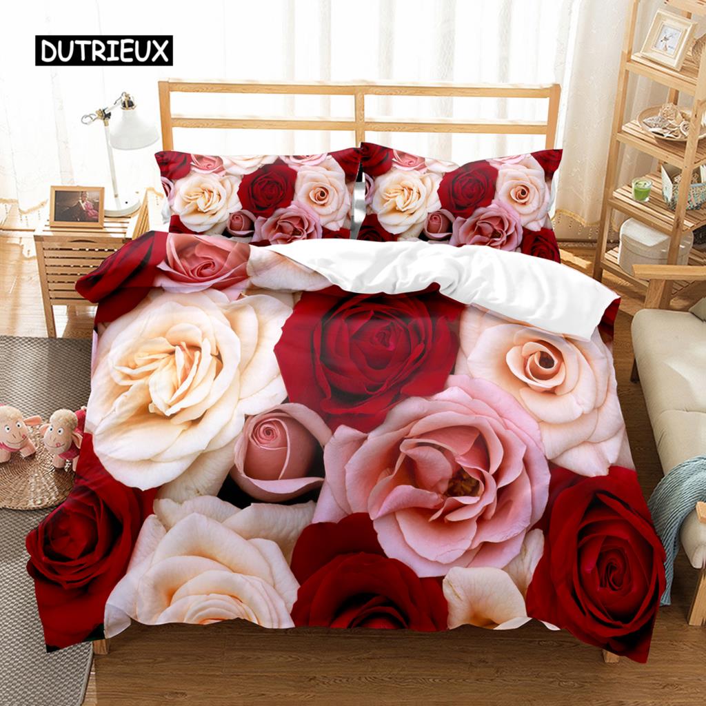 Romantische Rose Bettbezug Twin Queen Floral Bettwäsche Set Mikrofaser Blüte Blumen Steppdeckenbezug für Valentinstag Hochzeitsdeko