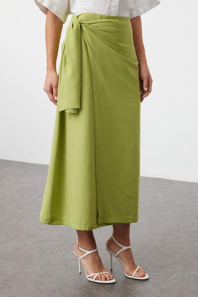 Women's Fashion Cinnamon Double Breasted Tie Detailed Woven Linen Look Skirt