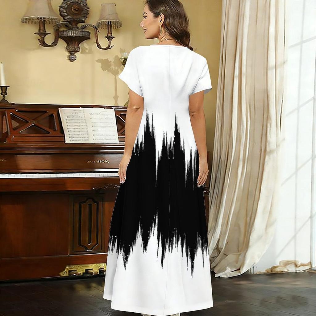 Women Plus Size V Neck Short Sleeve Black White Printed Straight Maxi Dress