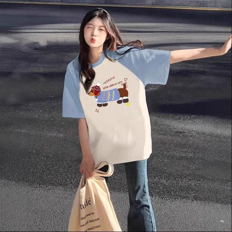 Loose Large Color-blocked Rotator Sleeve Rag-sleeved Short-sleeved T-shirt for Women In Spring and Summer Korean Style Design Top