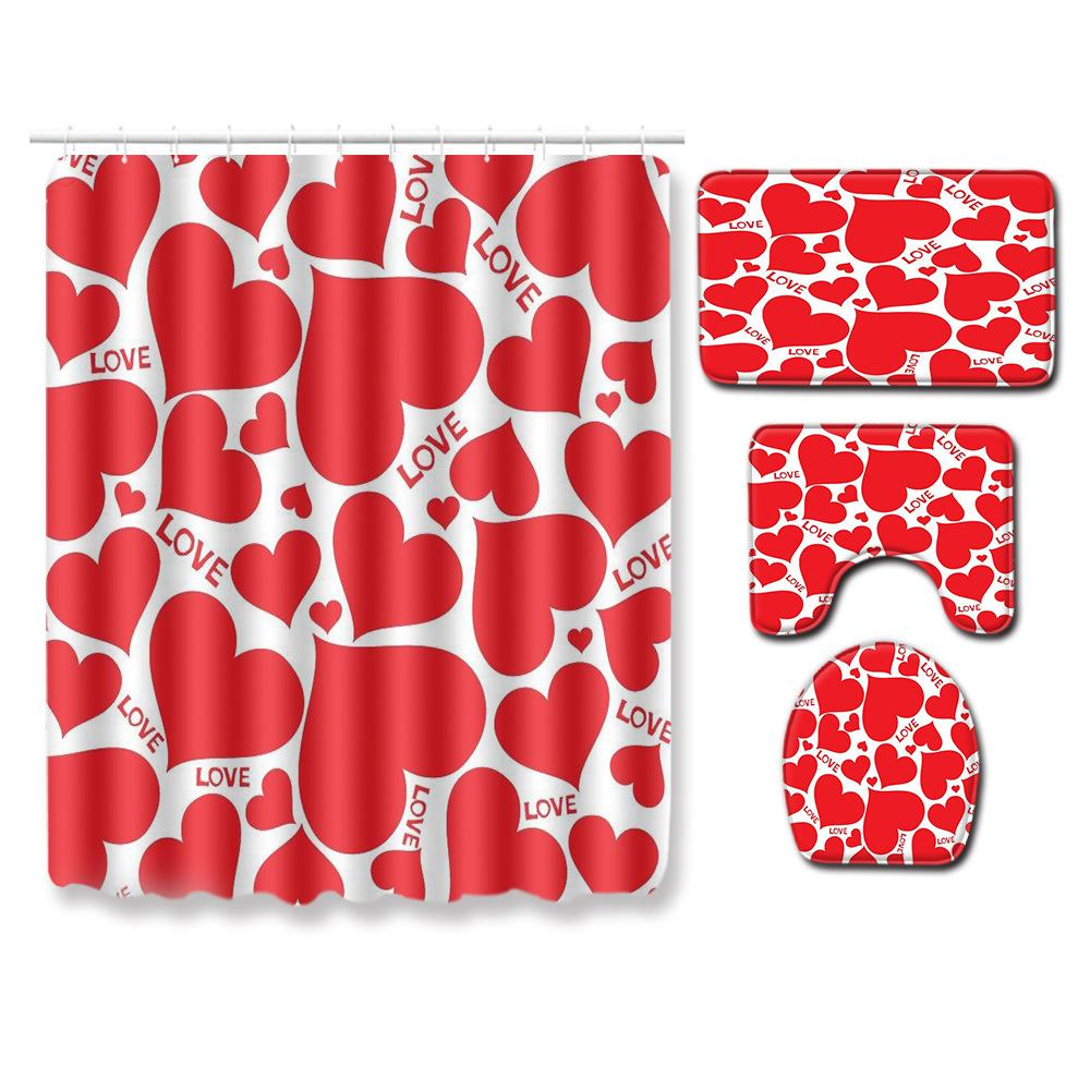 Valentine'S Day Toilet Shower Curtain Four-Piece Printed Floor Mat Set Bathroom Floor Mat Bedroom Absorbent Door Mat Carpet