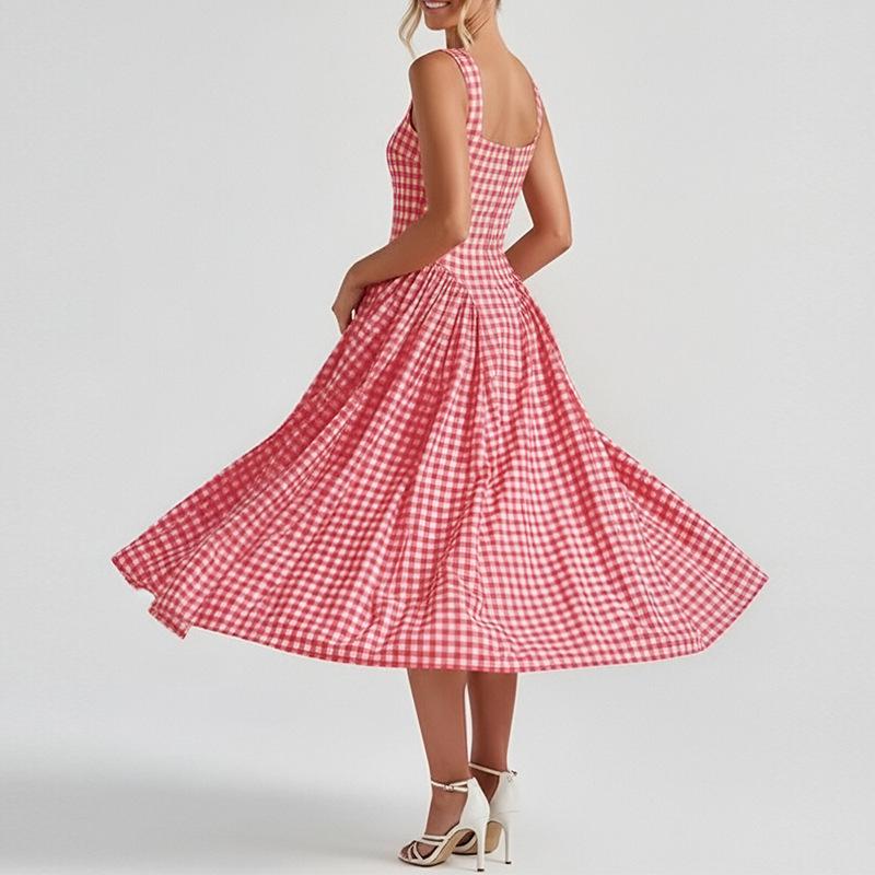 Vestido de Primavera 2026 Europeo y Americano para Mujer, Fresco, Dulce, Estampado, Cuadrado, Patchwork, Ajustado