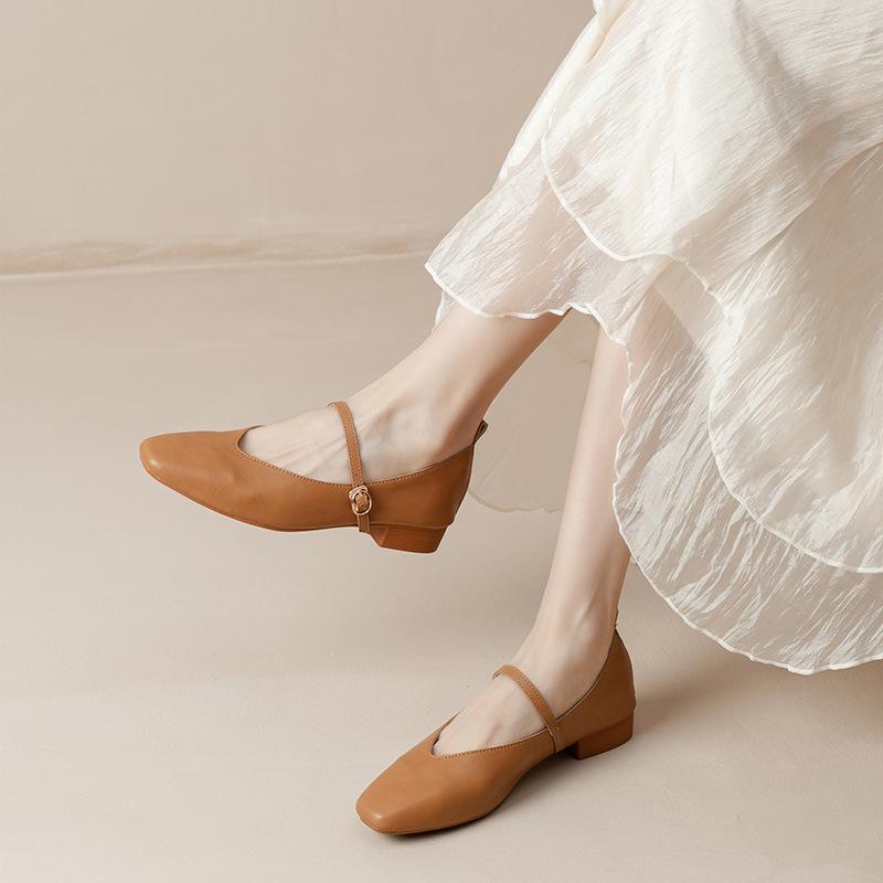 Kožené babičkovské boty na silném podpatku s páskem Mary Jane, francouzská čtvercová špička, dámské boty na středním podpatku, nové jarní a podzimní univerzální dámské boty