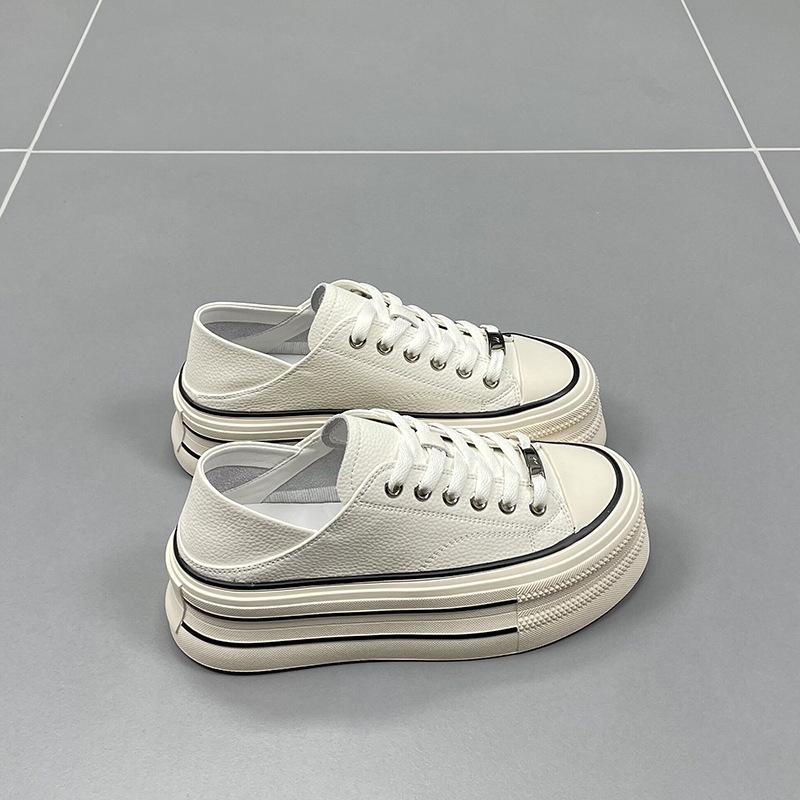 Genuine Leather Two-Way White Shoes Women's Summer New Thick Sole Increased Round Head Leisure Sports All-Matching Board Shoes