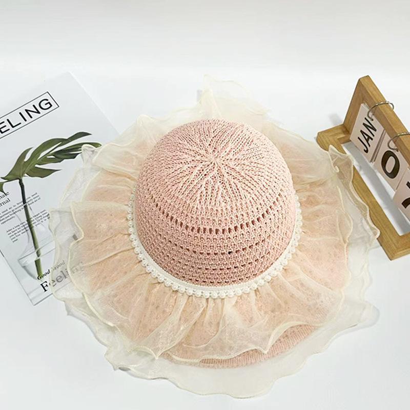 Double Lace Edge Pearl Straw Hat Summer Ladies Out Versatile Big Brim Knitted Hollow Sun Hat