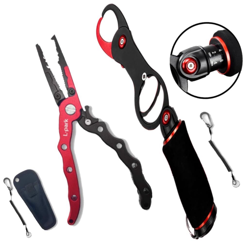 L-park Measuring Fish Grip Fishing Pliers Set with Lock, Fishing Tackle, Accessories (Red and Black)