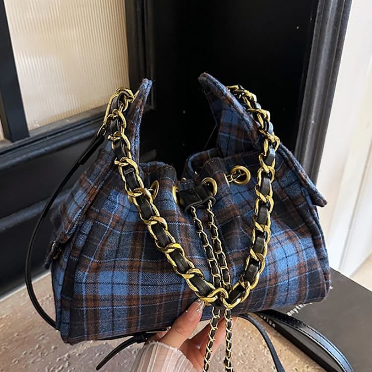 

Blue brown plaid woolen drawstring bucket bag women s shoulder bag