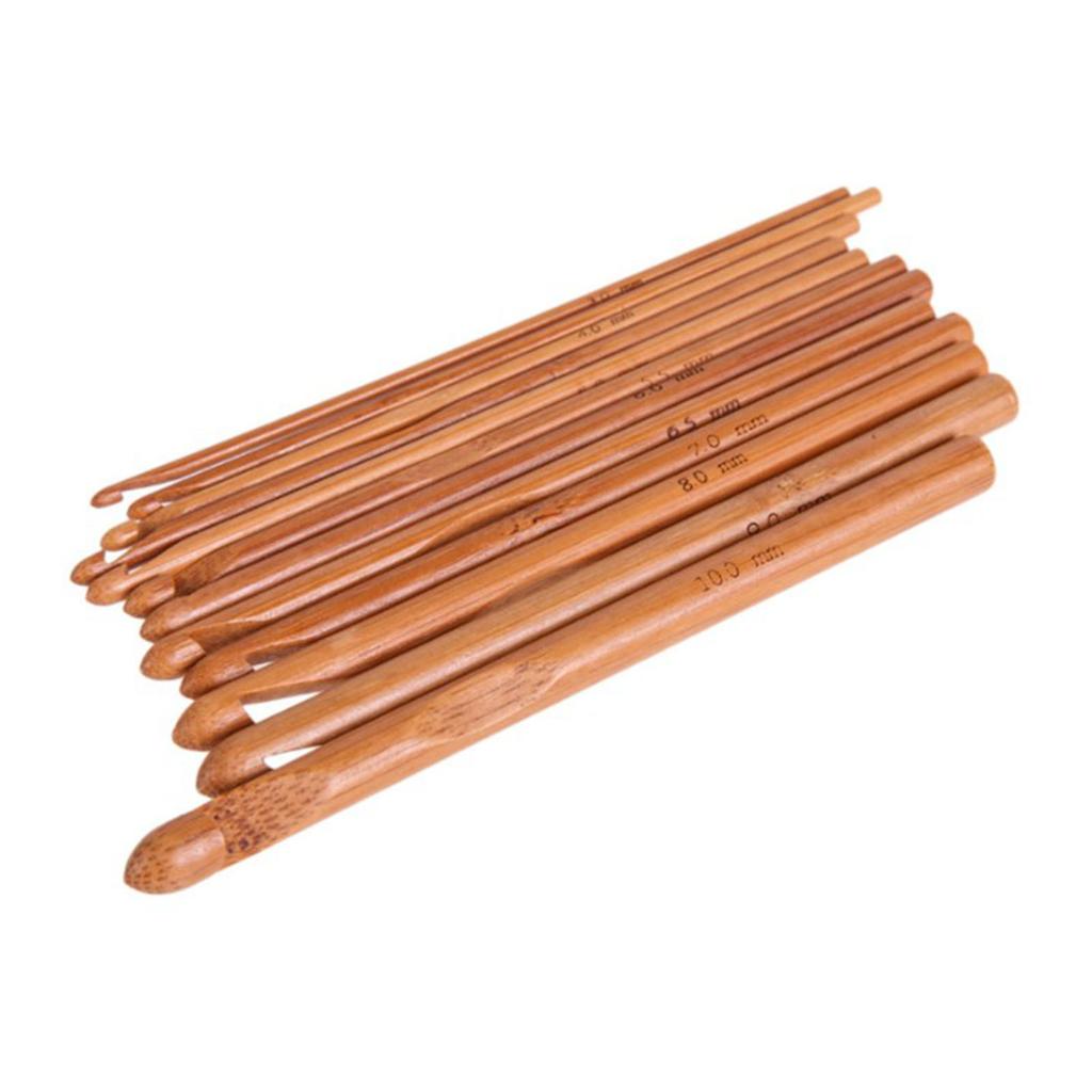 12pcs Crochet Hooks Carbonized Round Bamboo Ergonomic Handle Recognizable Size Knitting Needles Set