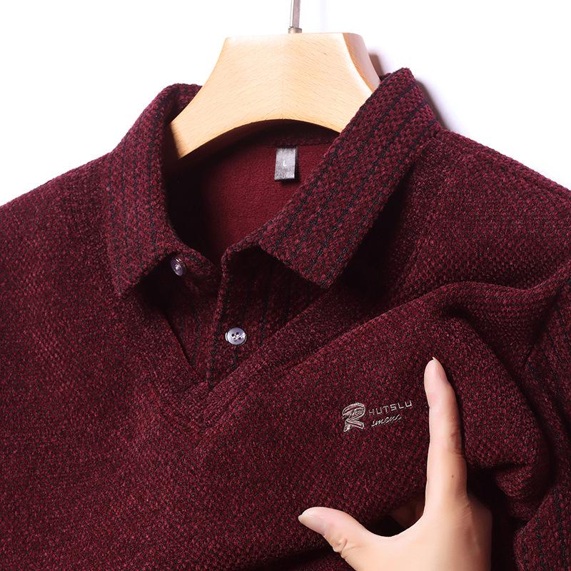 Men s Winter Thickened Velvet Sweater, Lapel Faux Two-Piece Warm Knit Polo for Dad XXXXL
