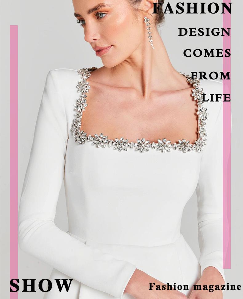 Letnia Damska Sukienka Wieczorowa A-Line z Długim Rękawem i Kwadratowym Dekoltem z Cyrkoniami