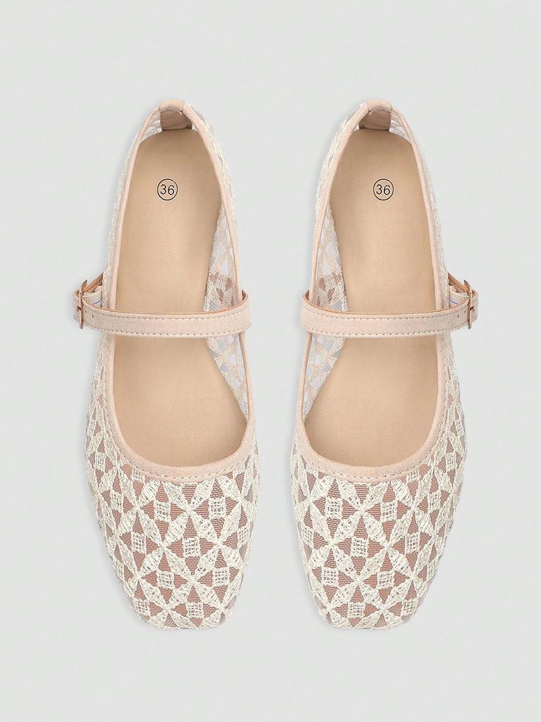 Women's Black Square Toe Ballet Mary Jane Flats with Cross Pattern Embroidery Detail and Black Buckle Strap