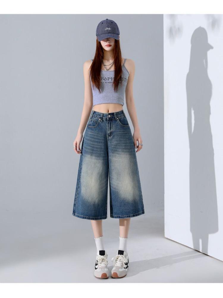 Fashion Summer Vintage High Waist Loose Cropped Capri Pants For Women Versatile High Street Straight Denim Trendy Slimming FigureFlattering Daily Wear
