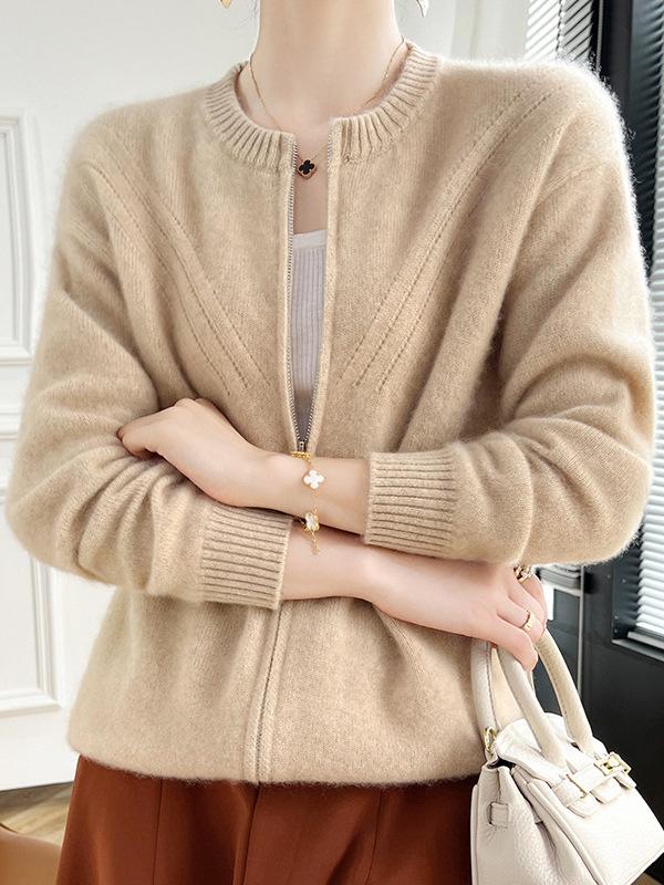 Cardigan lavorato a maglia con doppia zip slim fit stile retrò 2026 - Giacca maglione casual da donna girocollo