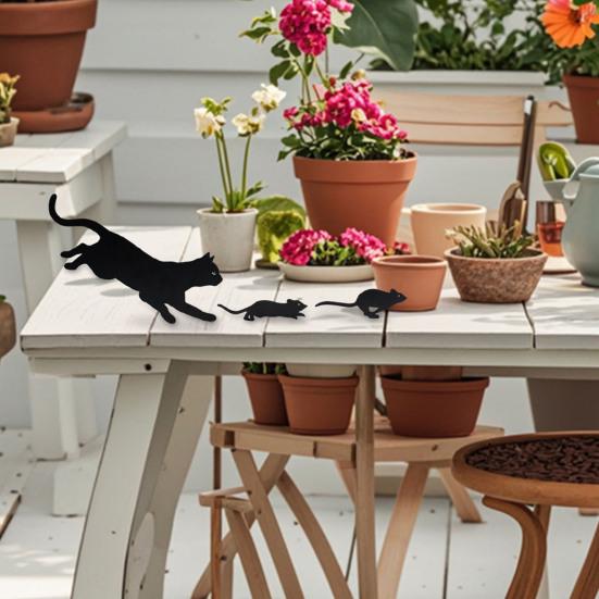 Kovová zahradní cedule s kočkou, snadná instalace, ozdoba s kočkou honící myš, černá kočka, silueta, dekorace na zahradě pro milovníky koček, zahradní plot