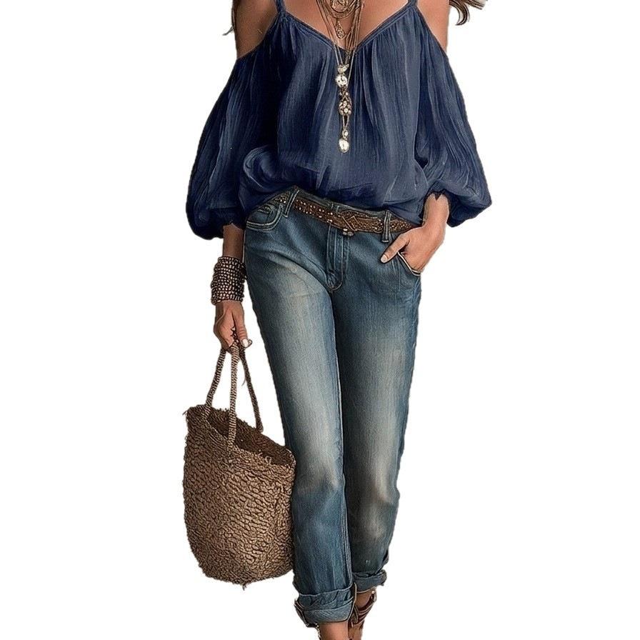 Autumn and winter new European and American women's clothing solid color suspender casual bubble sleeves holiday style top women
