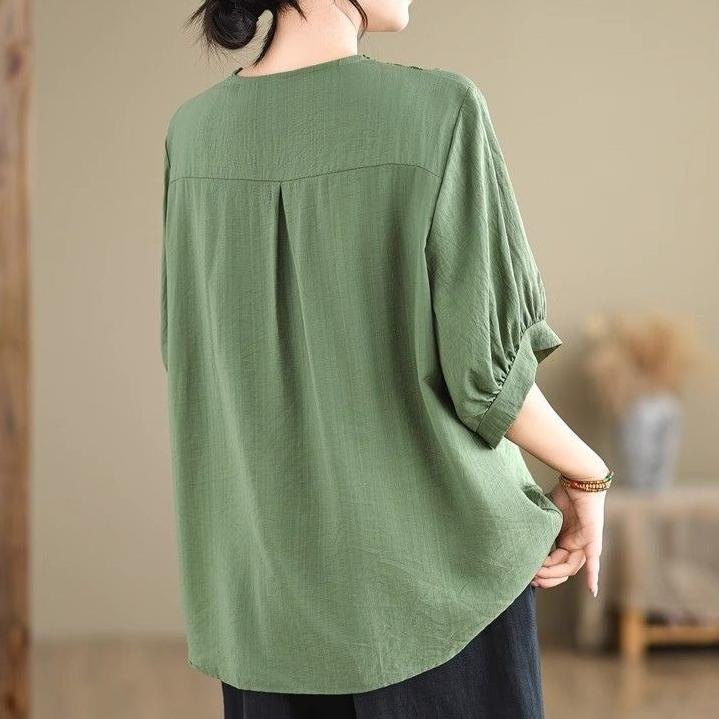 Women's Cotton Linen T-shirt  Summer Retro Loose V-neck  Plus Size Blouse Soft and Skin-friendly Blouse