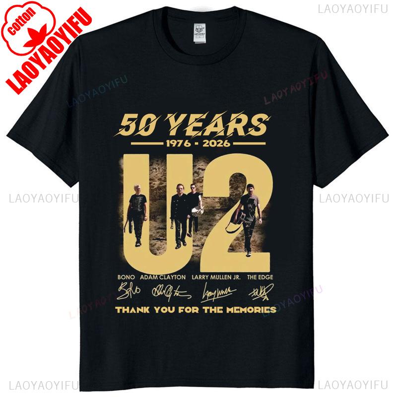 U2 Band 50th Anniversary 19762026 Tribute Signatures Graphic T Shirt Unisex Cotton Vintage Rock Casual Street Style Tee