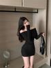 One-word shoulder long-sleeved knitted dress women's autumn retro temperament red skirt slim-fitting hip-wrapped short skirt